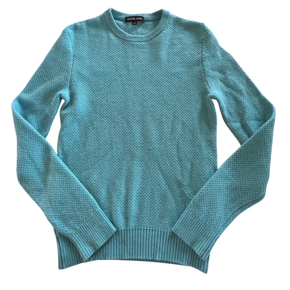 Michael Kors Sweater Women XS Turquoise Cashmere Waffle Knit Crewneck 5558 8/26